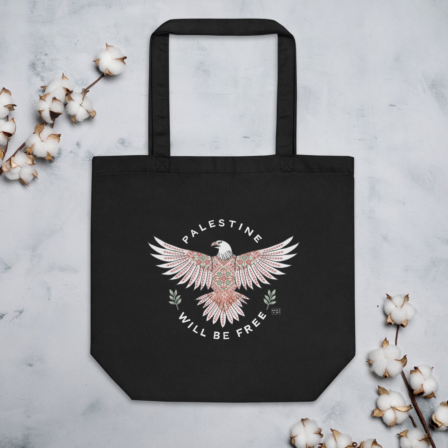 Tote Bag Palestine Will Be Free tatreez Eagle Black