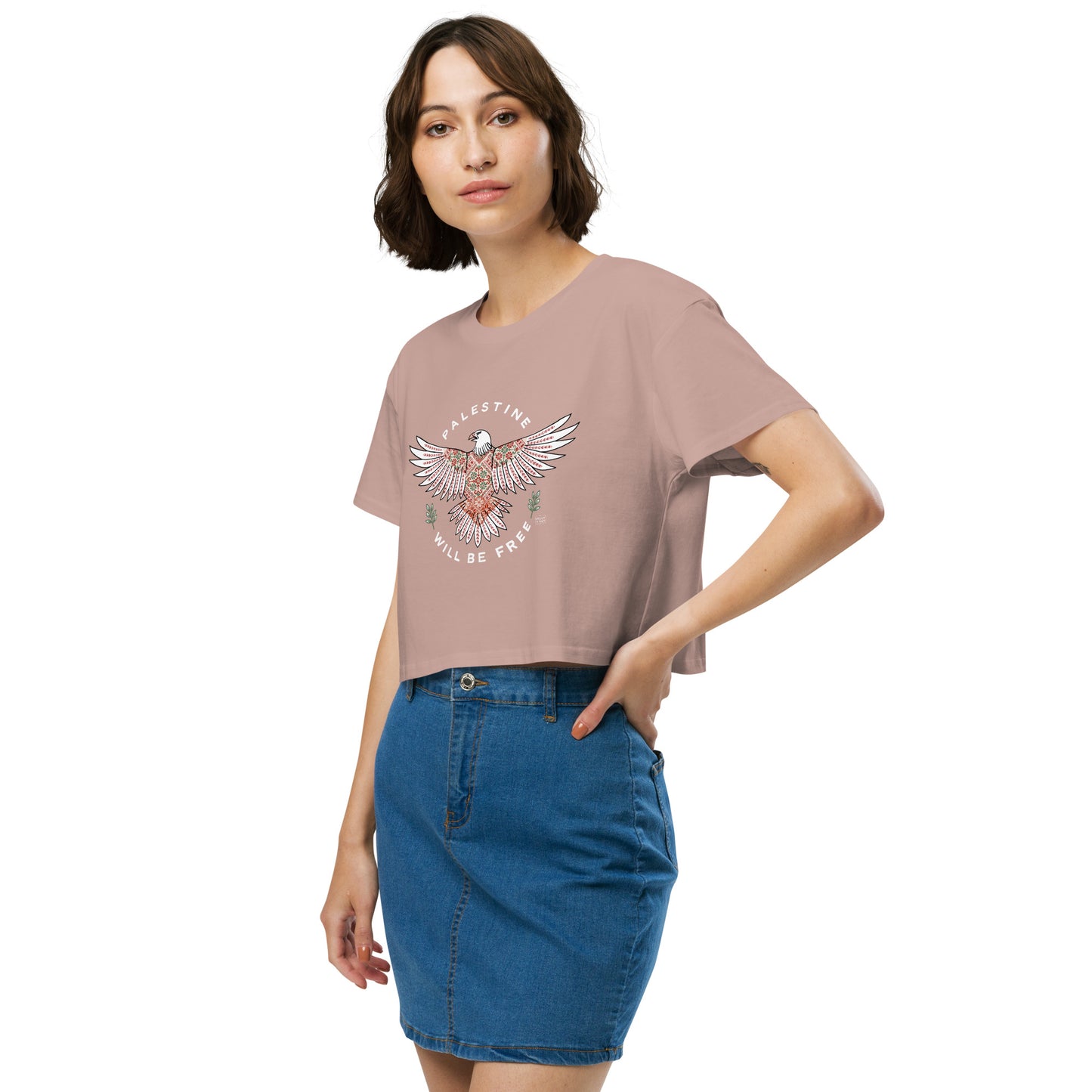 T-shirt Crop Palestine Will Be Free Tatreez Eagle Hazy Pink