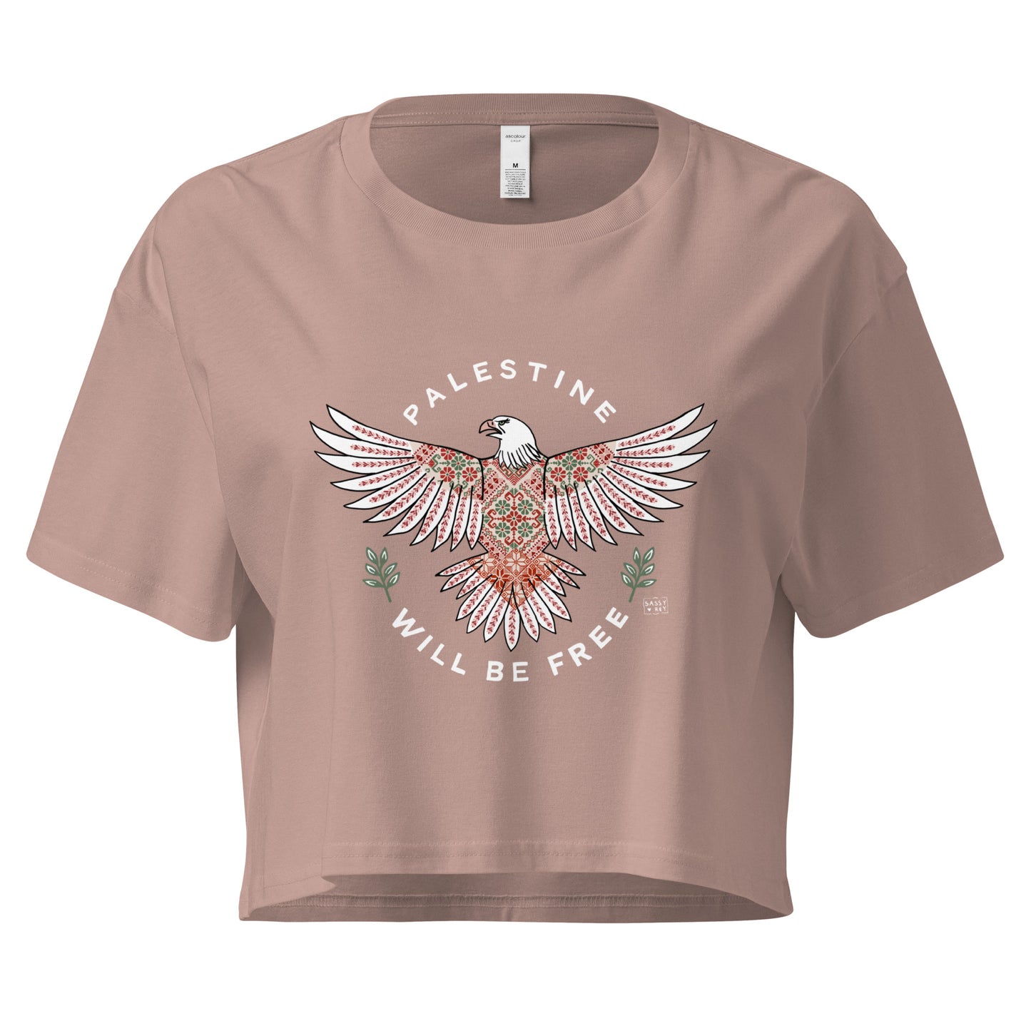 T-shirt Crop Palestine Will Be Free Tatreez Eagle Hazy Pink