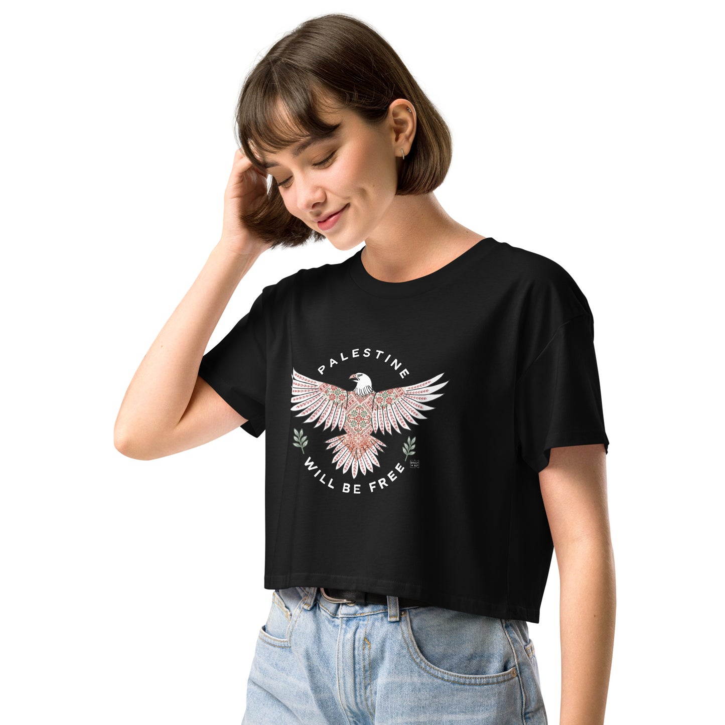 Palestine Will Be Free Tatreez Eagle Crop Top Black