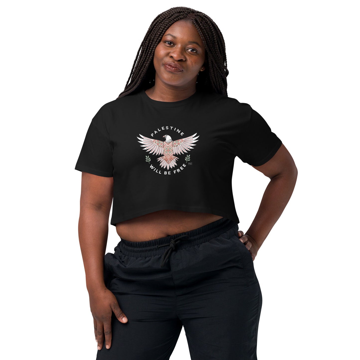 Palestine Will Be Free Tatreez Eagle Crop Top Black