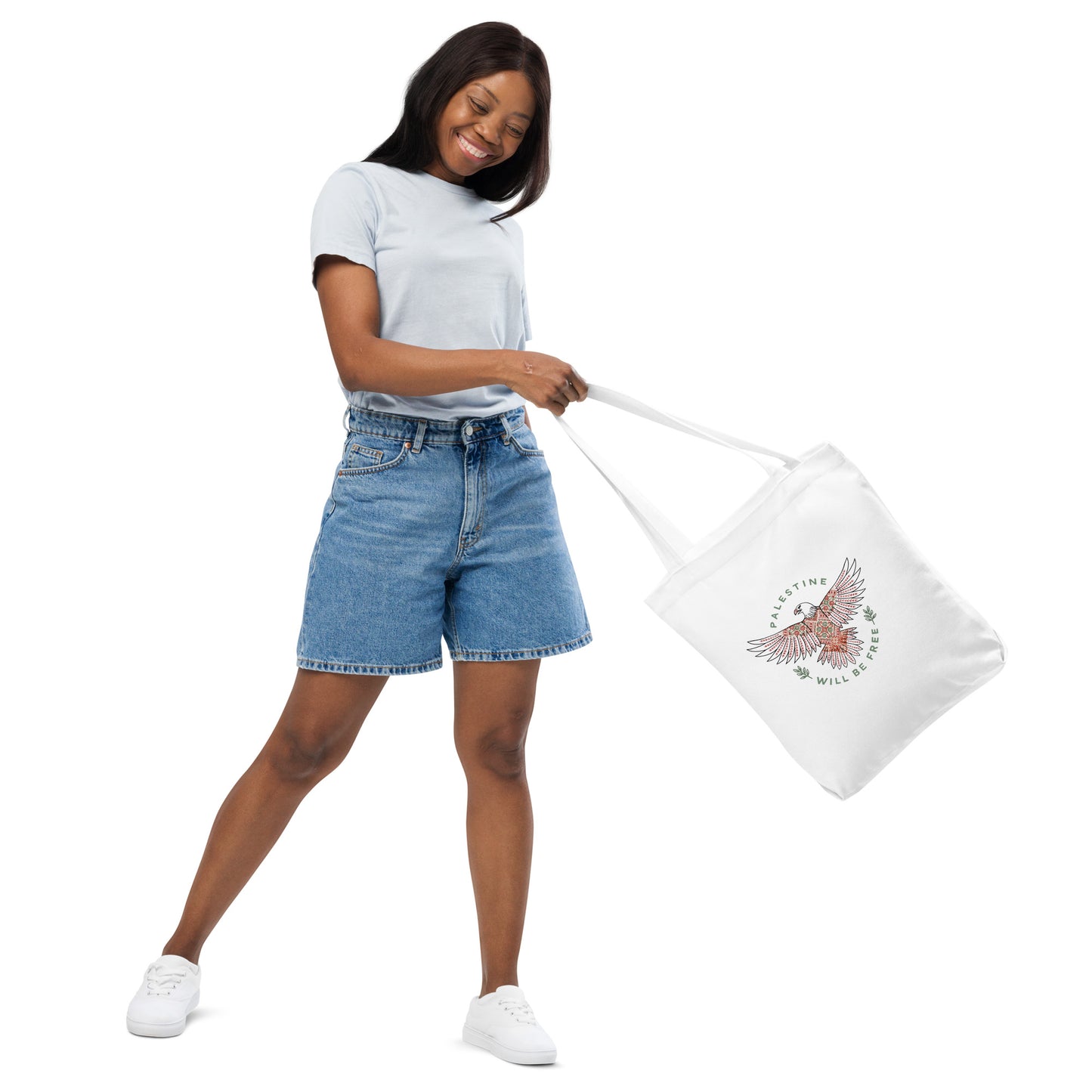 Tote Bag Palestine Will Be Free tatreez Eagle White