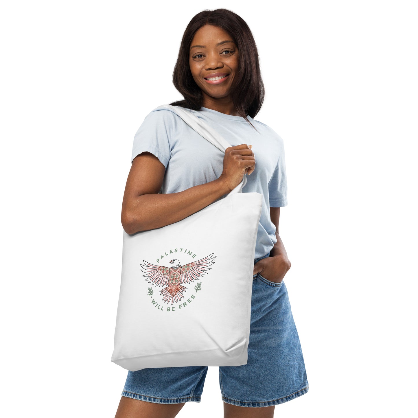Tote Bag Palestine Will Be Free tatreez Eagle White
