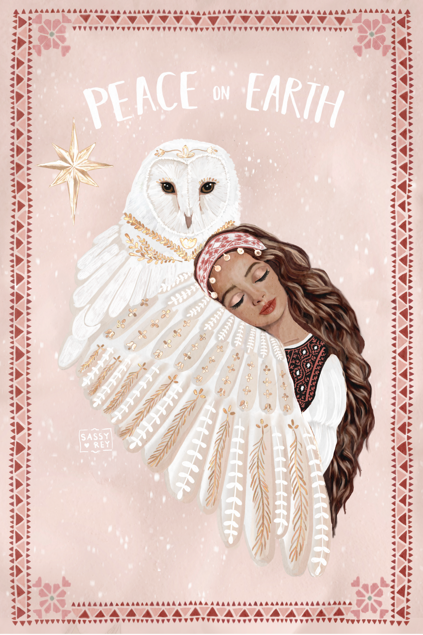 Christmas Card Peace on Earth Folk Owl