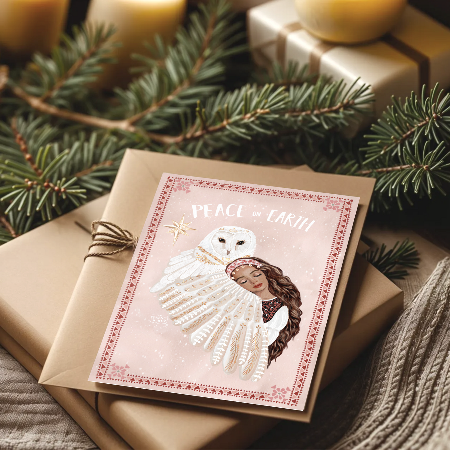 Christmas Card Peace on Earth Folk Owl