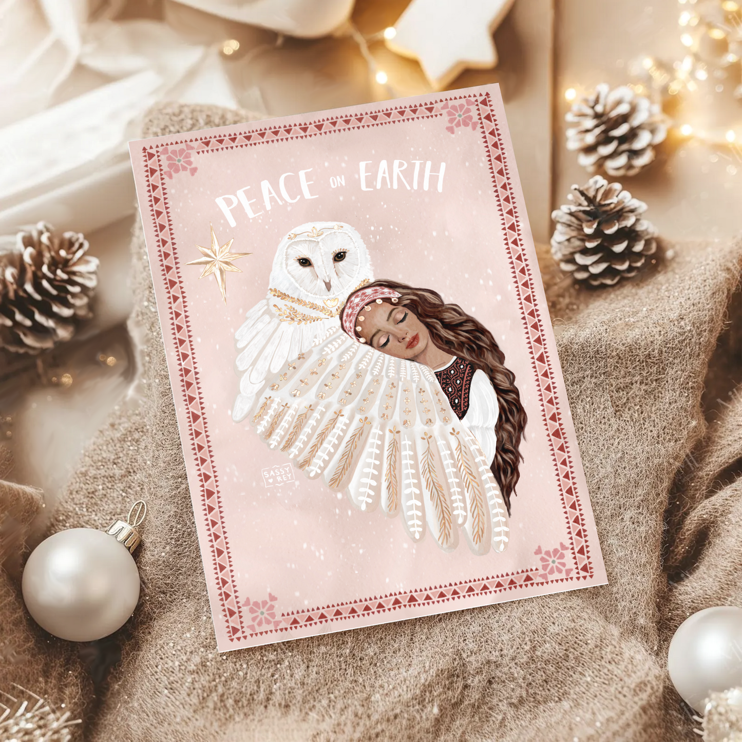 Christmas Card Peace on Earth Folk Owl
