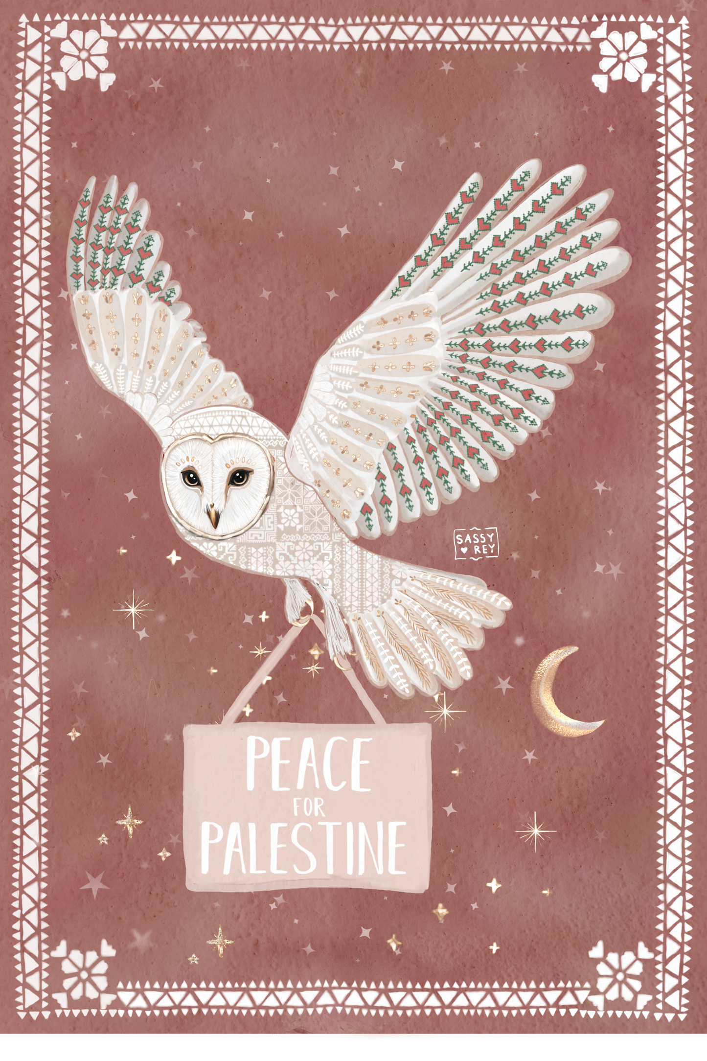 Christmas Card Peace for Palestine Folk Owl