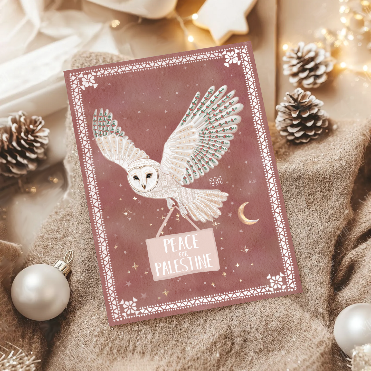 Christmas Card Peace for Palestine Folk Owl