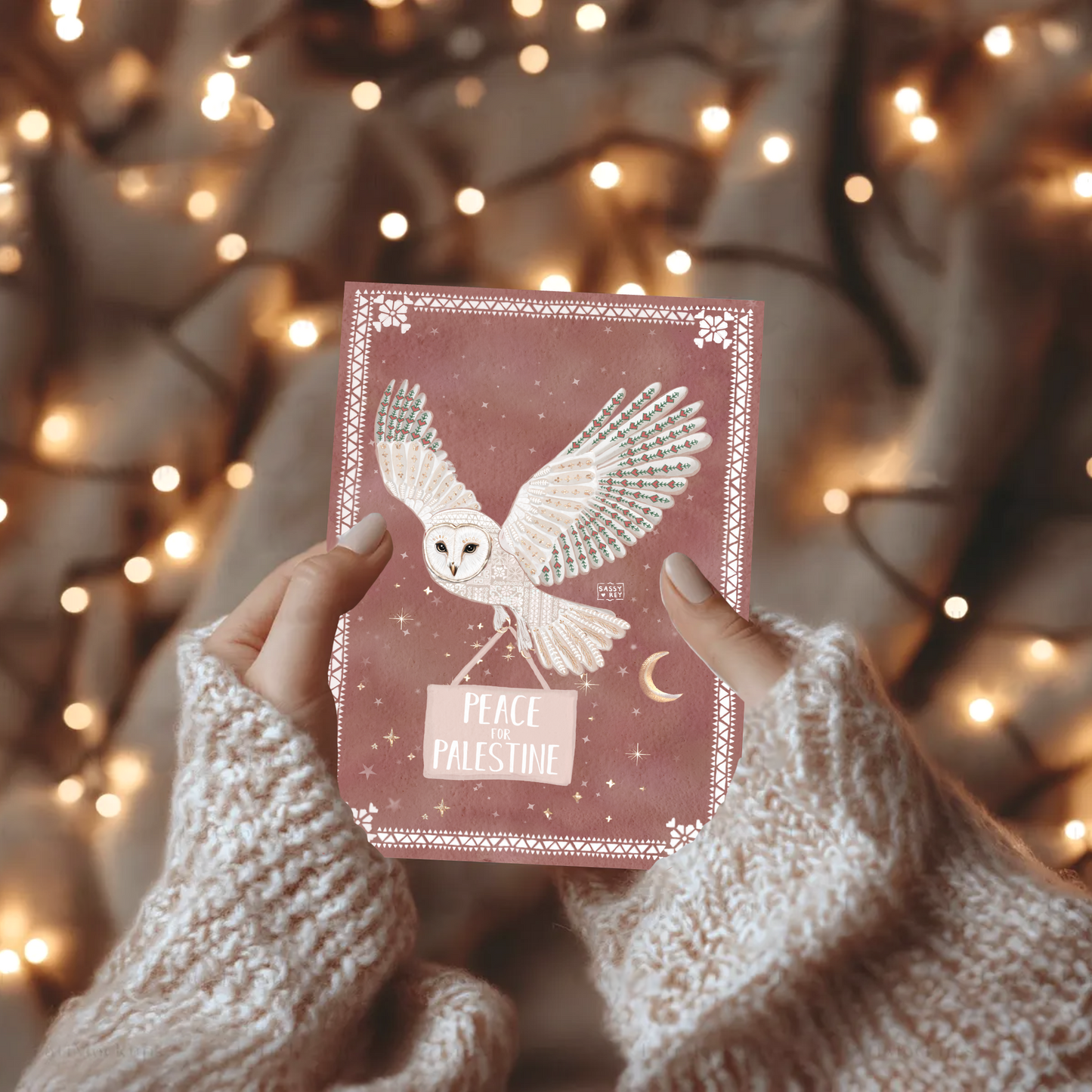 Christmas Card Peace for Palestine Folk Owl