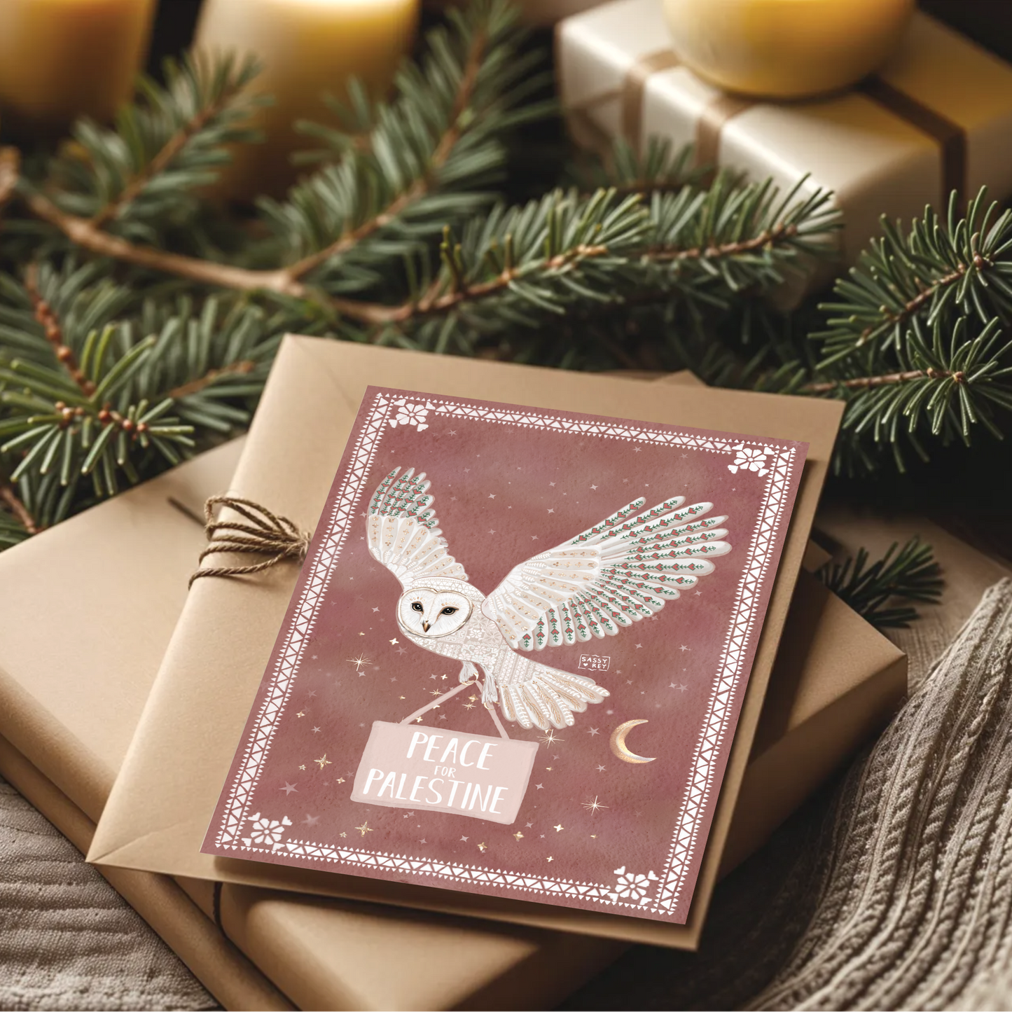 Christmas Card Peace for Palestine Folk Owl