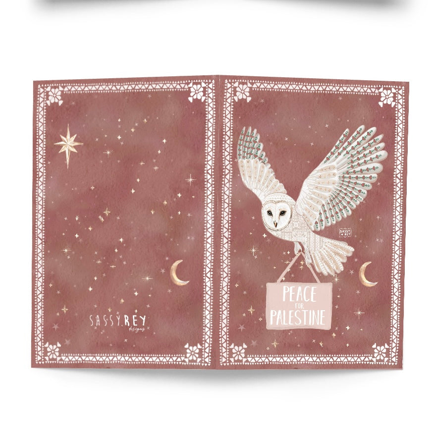 Christmas Card Peace for Palestine Folk Owl