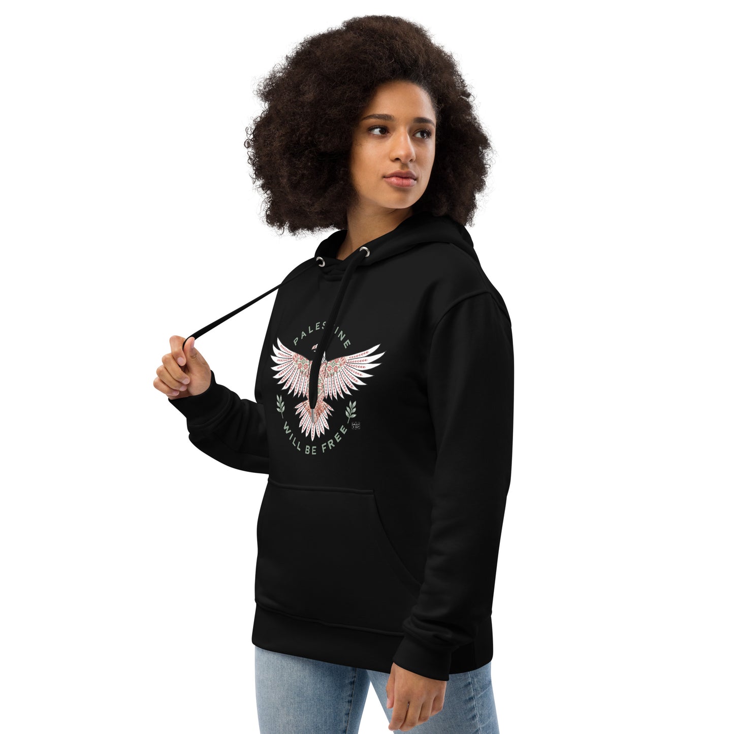 Hoodie Eco Organic Cotton Black / White “Palestine will be free”
