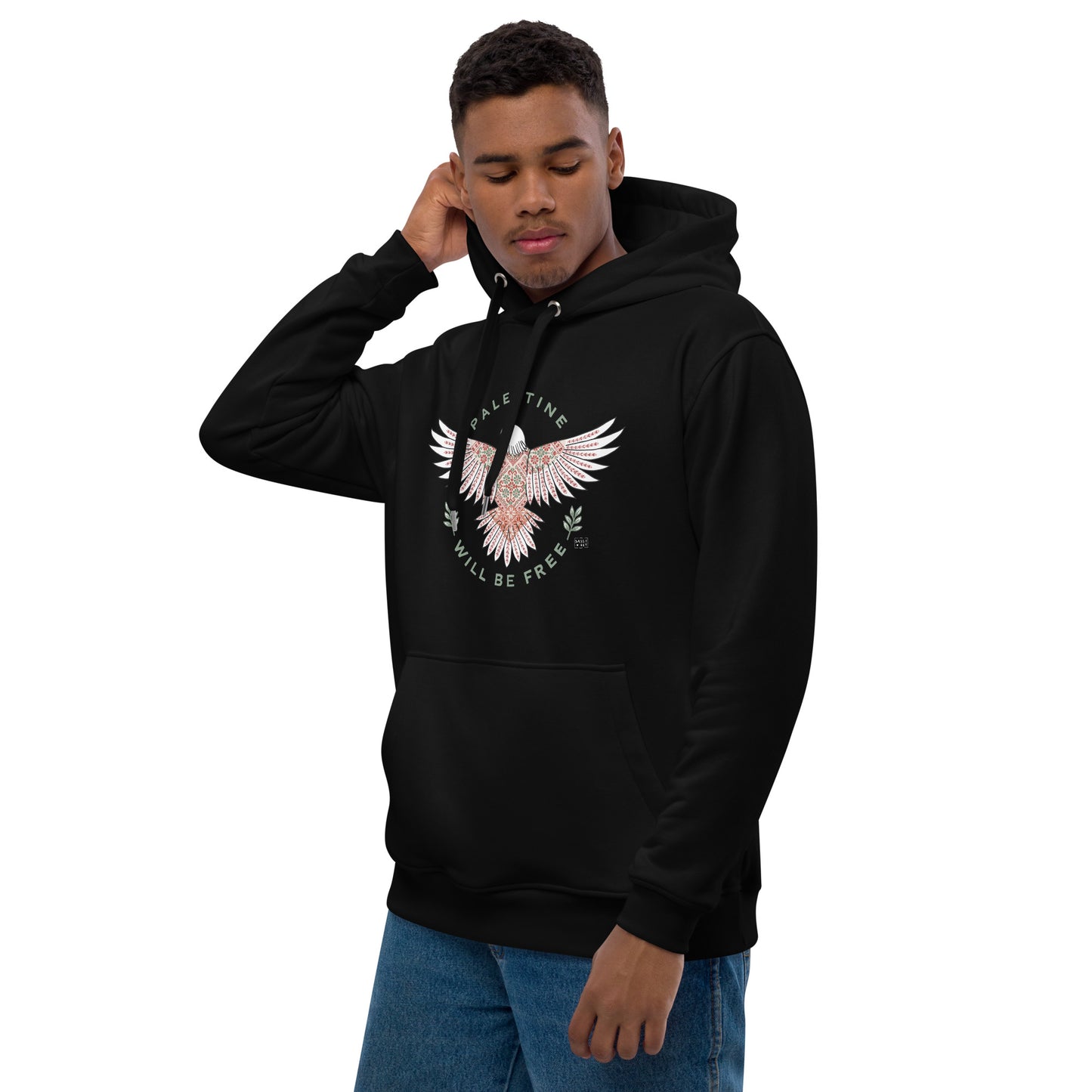 Hoodie Eco Organic Cotton Black / White “Palestine will be free”