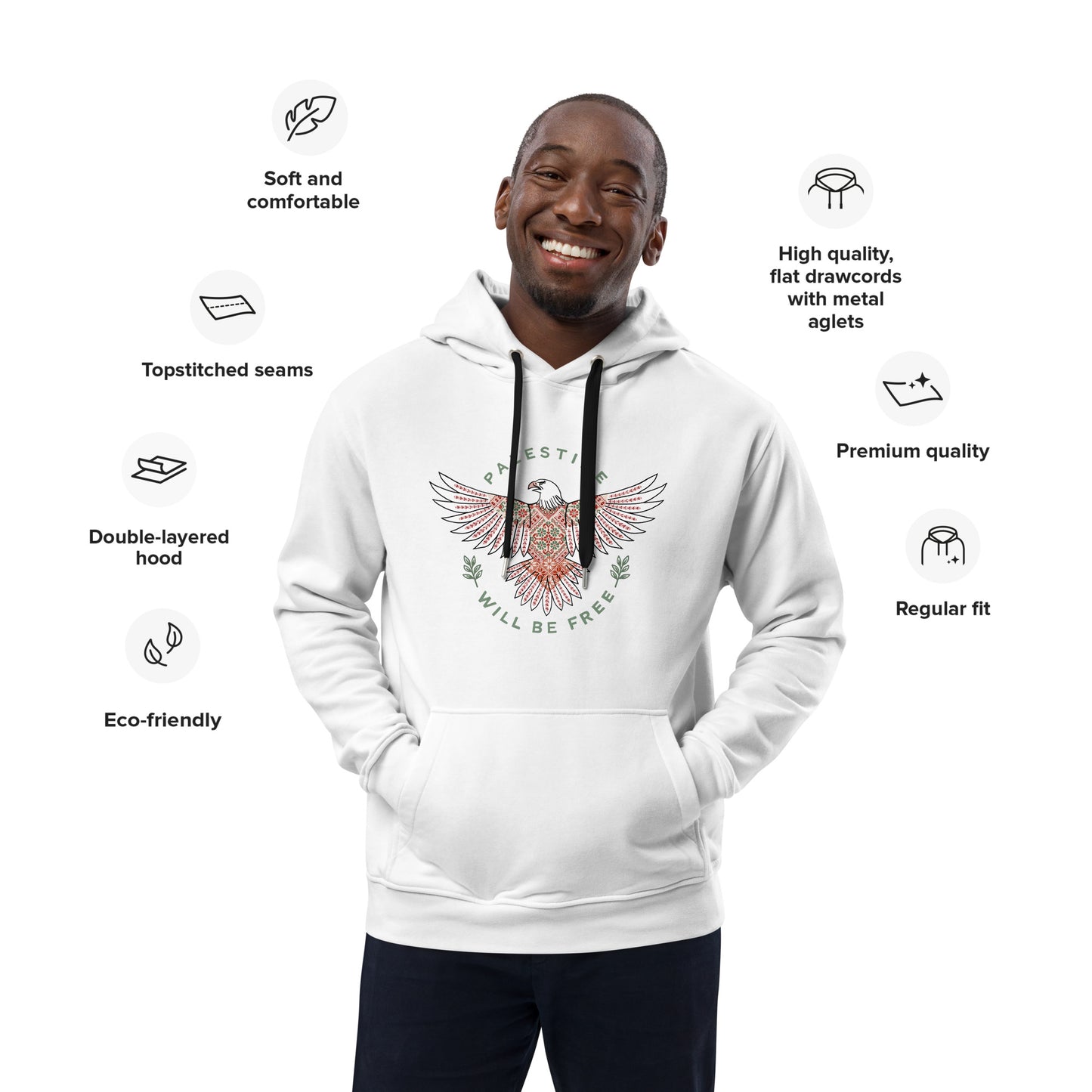 Hoodie Eco Organic Cotton Black / White “Palestine will be free”