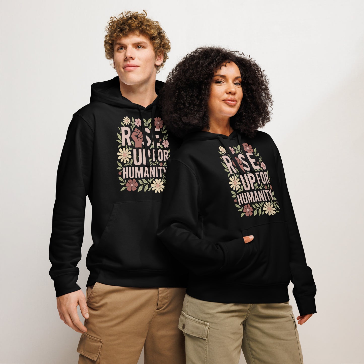 Hoodie Eco Organic Cotton Black / White Rise Up For Humanity