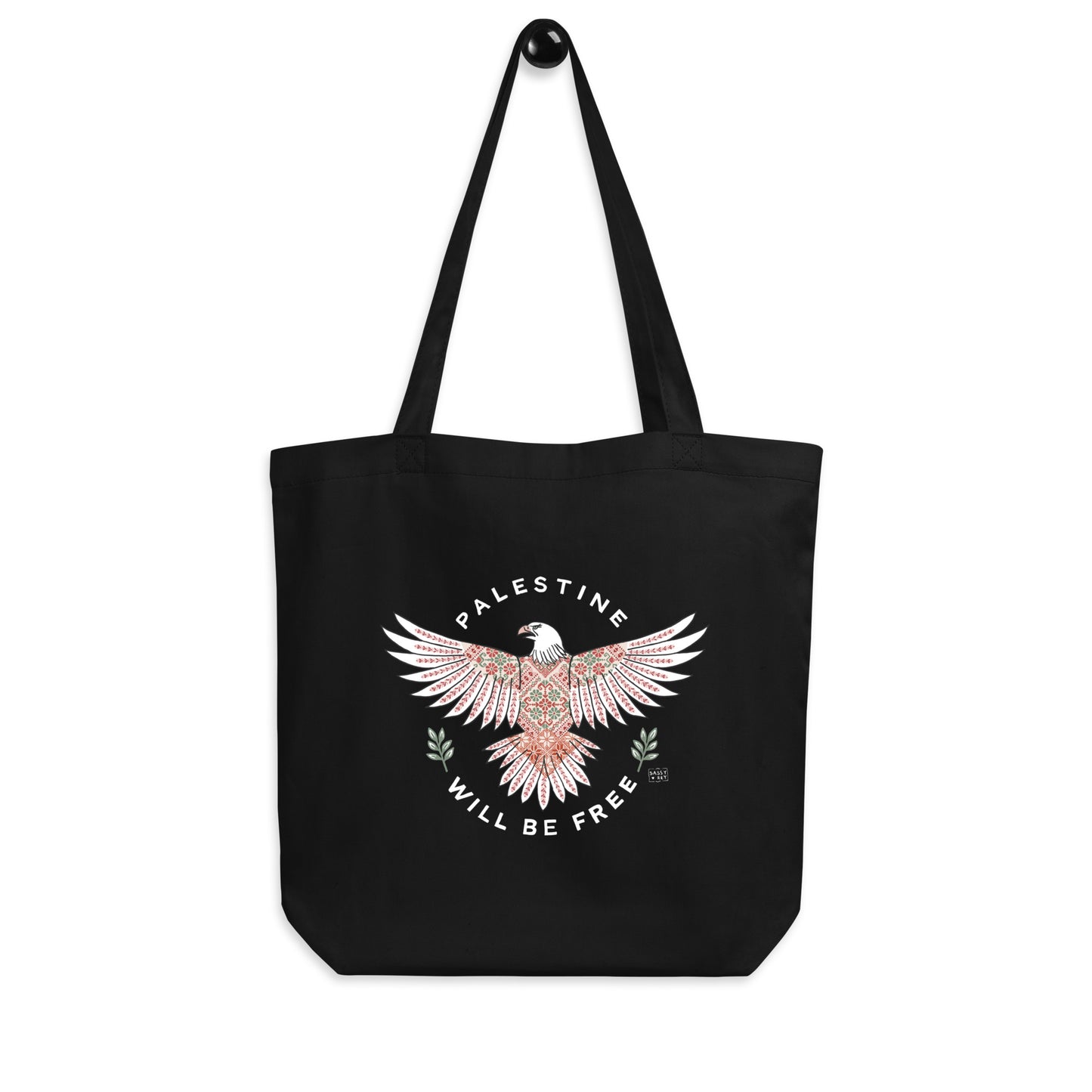 Tote Bag Palestine Will Be Free tatreez Eagle Black