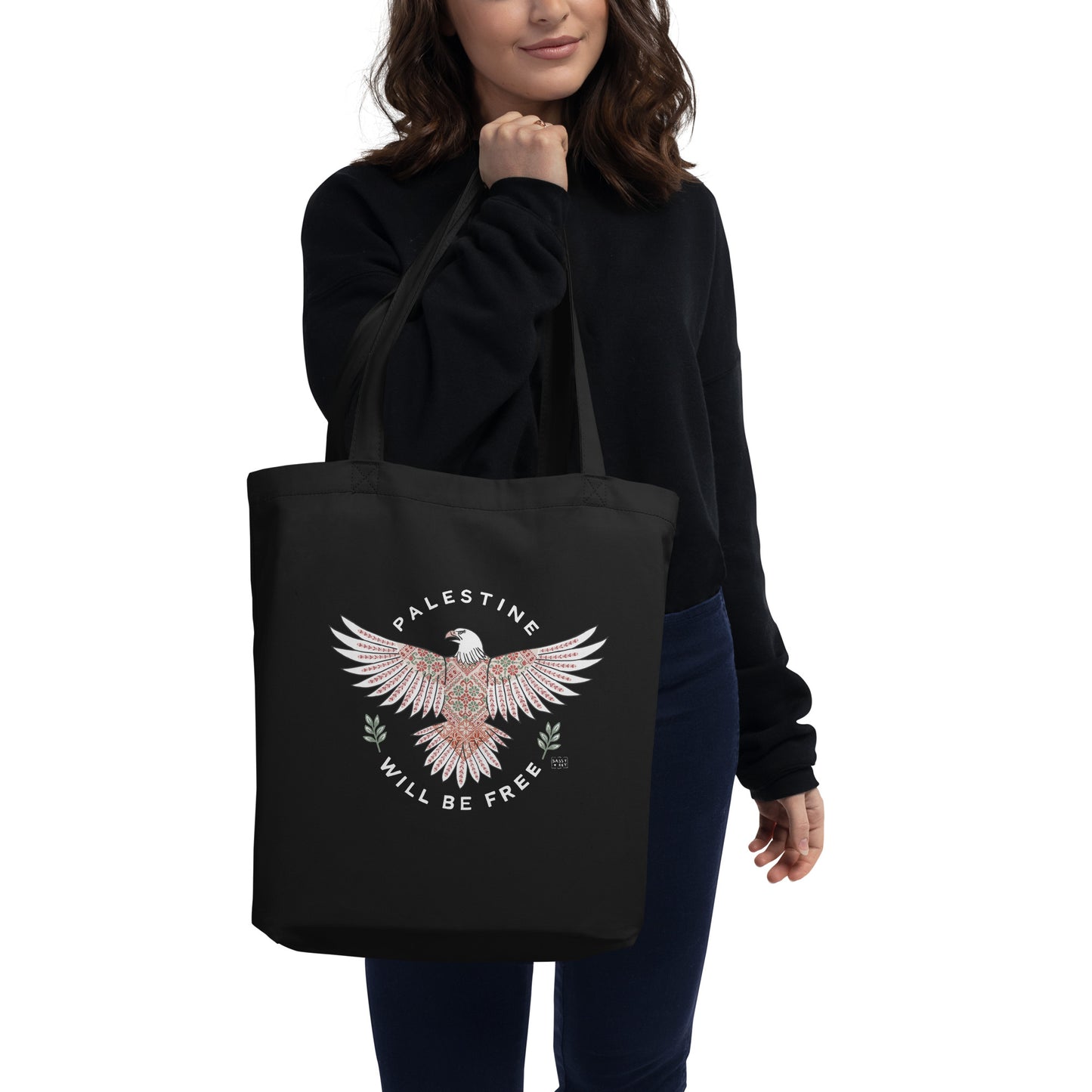 Tote Bag Palestine Will Be Free tatreez Eagle Black