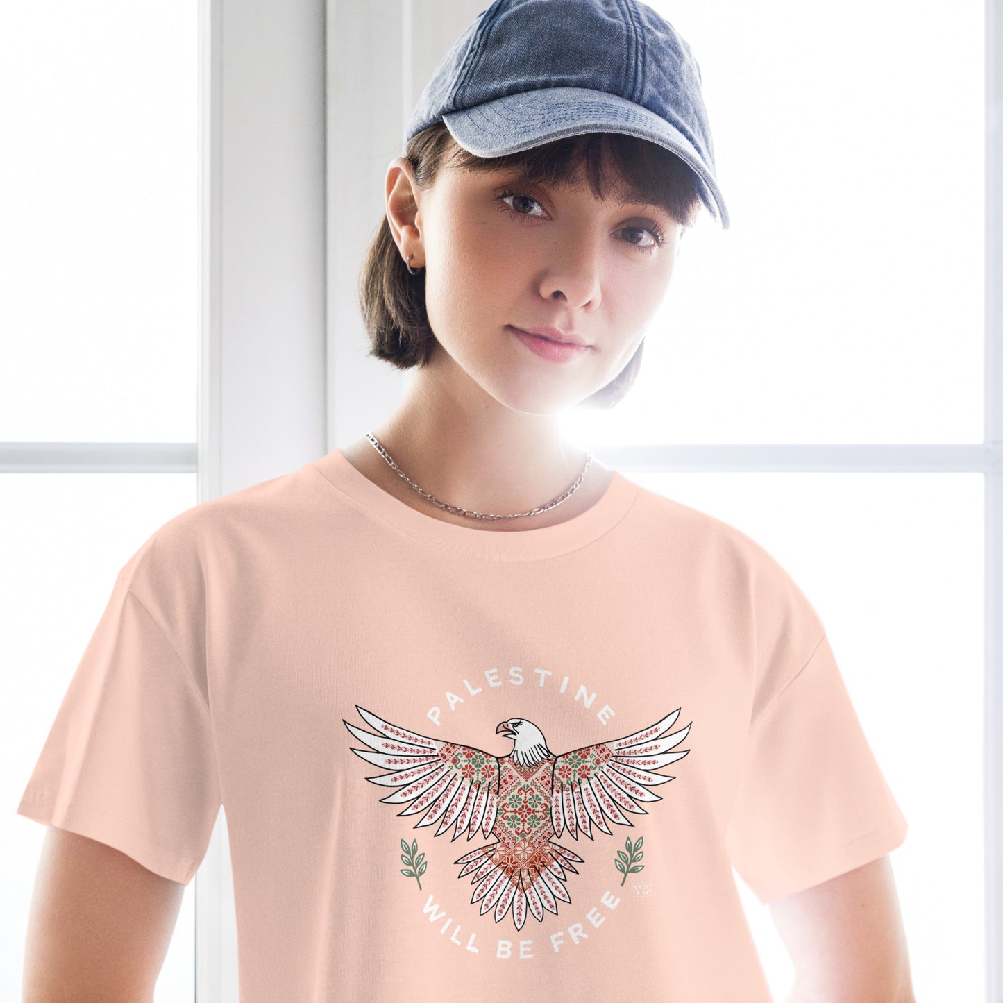 Palestine Will Be Free Tatreez Eagle Crop Top Pale Pink