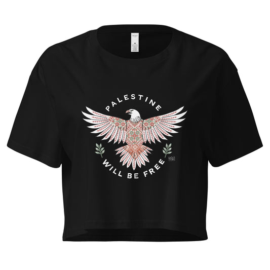 Palestine Will Be Free Tatreez Eagle Crop Top Black