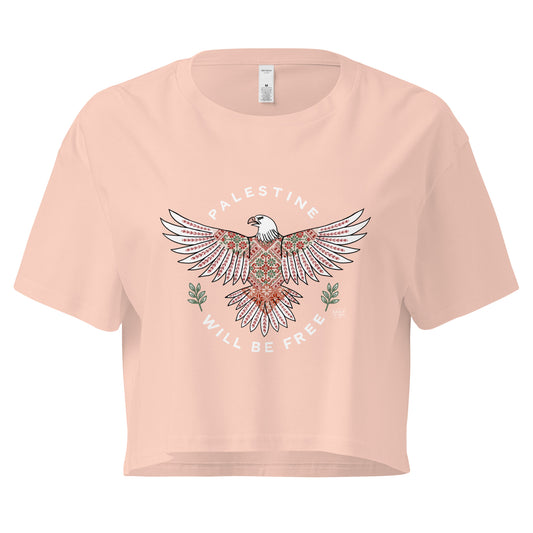 Palestine Will Be Free Tatreez Eagle Crop Top Pale Pink