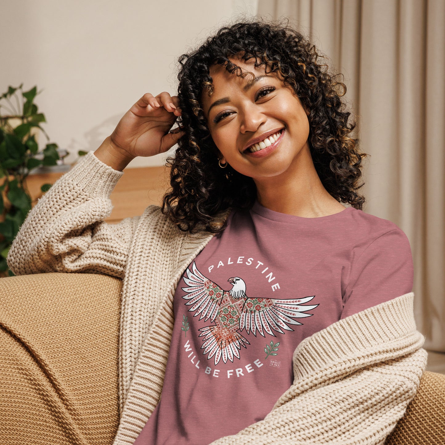 T-shirt Palestine Will Be Free Tatreez Eagle relaxed fit Heather Mauve